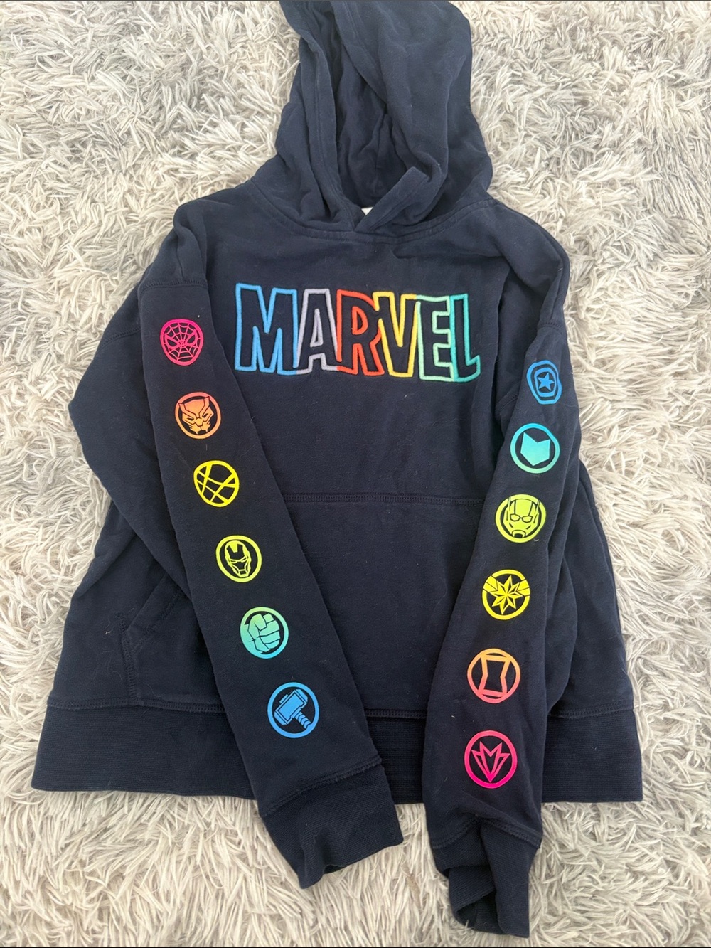 Marvel Navy Hoodie with Multicolor Logo and Sleeve Icons